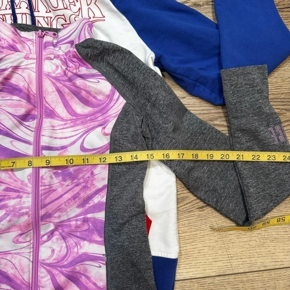3 sweatshirts, Stranger Things, purple gray zip up, panda bears, similar fit.